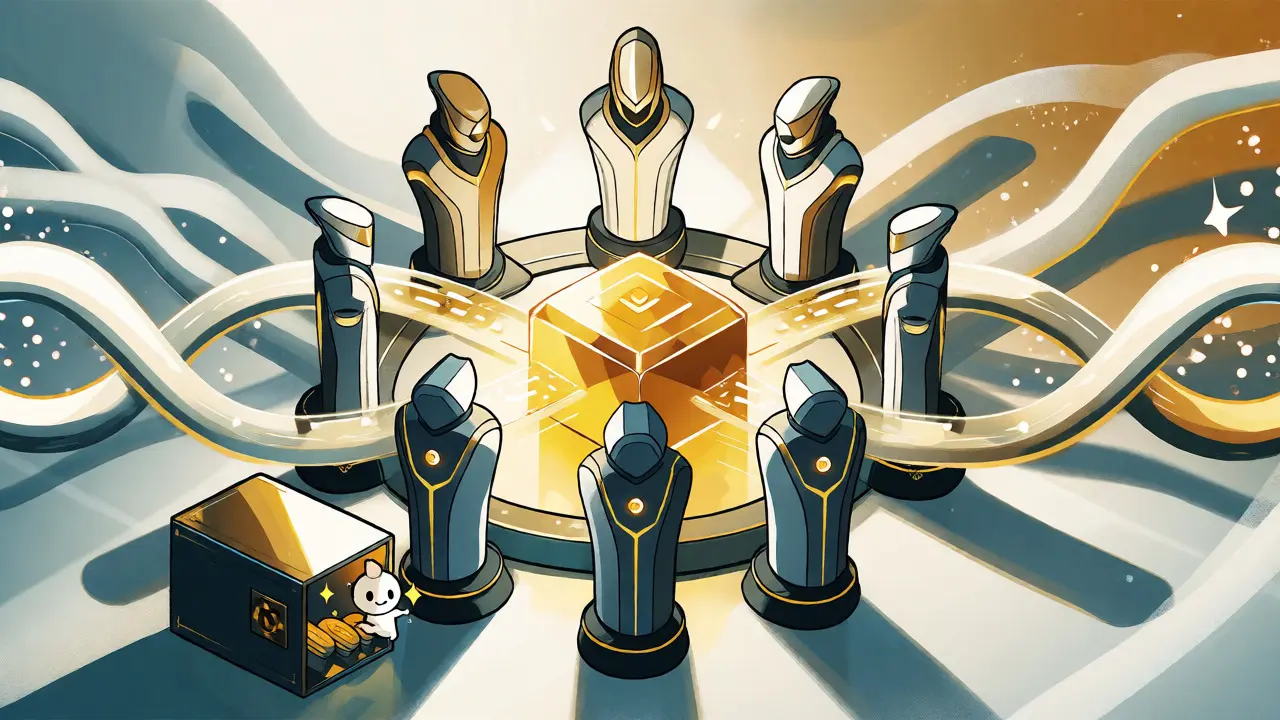 Stylized validators securing a glowing block in a circular Proof-of-Stake Authority network diagram.
