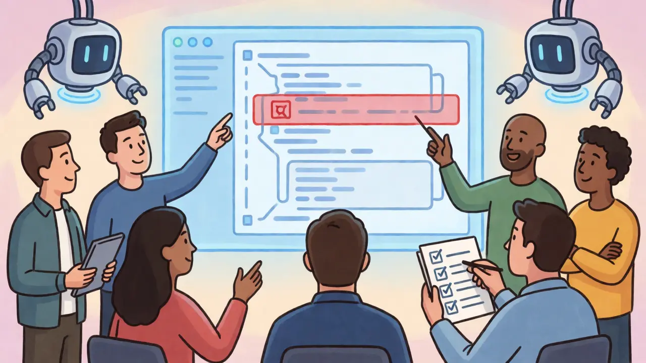 Team collaborating on smart contract security review with automated helpers