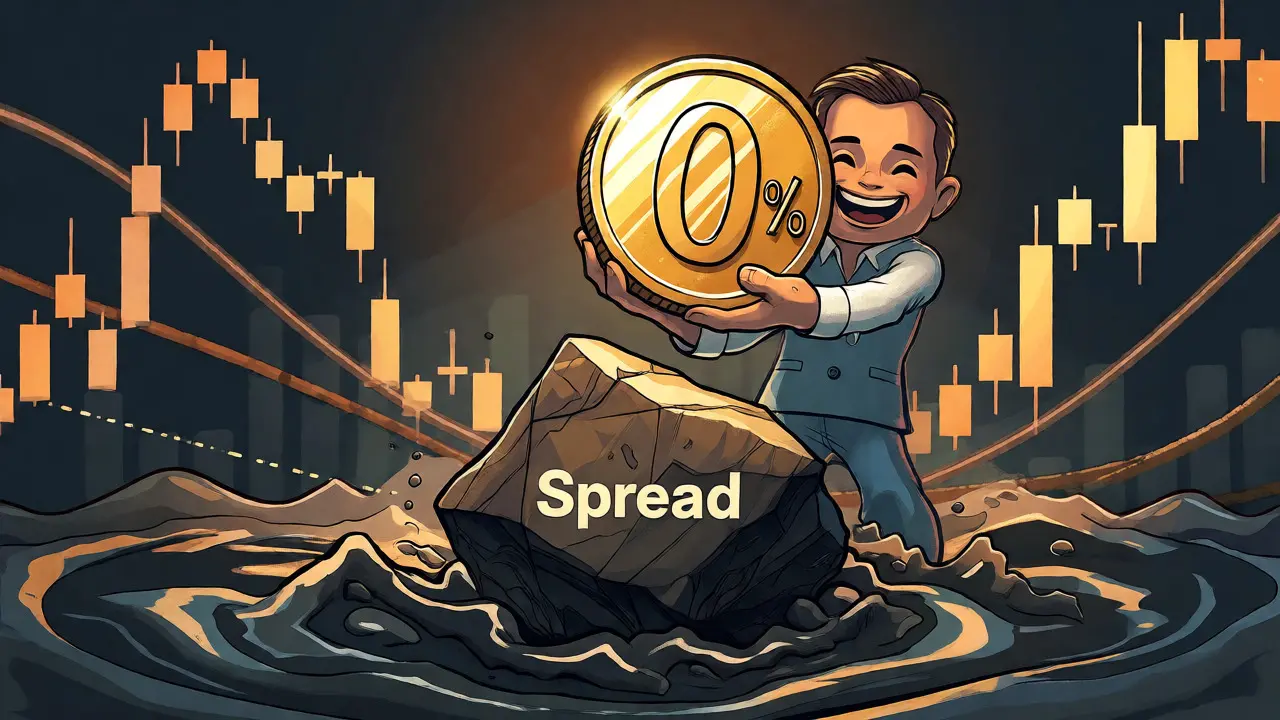 Trader holding a zero-fee coin dragged down by a heavy spread rock in a volatile market.