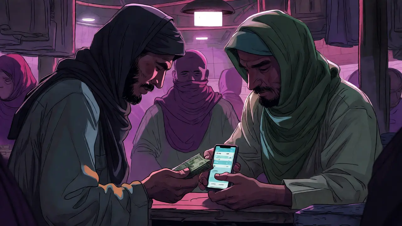 Two men conducting a secret peer-to-peer cryptocurrency exchange in a bazaar.