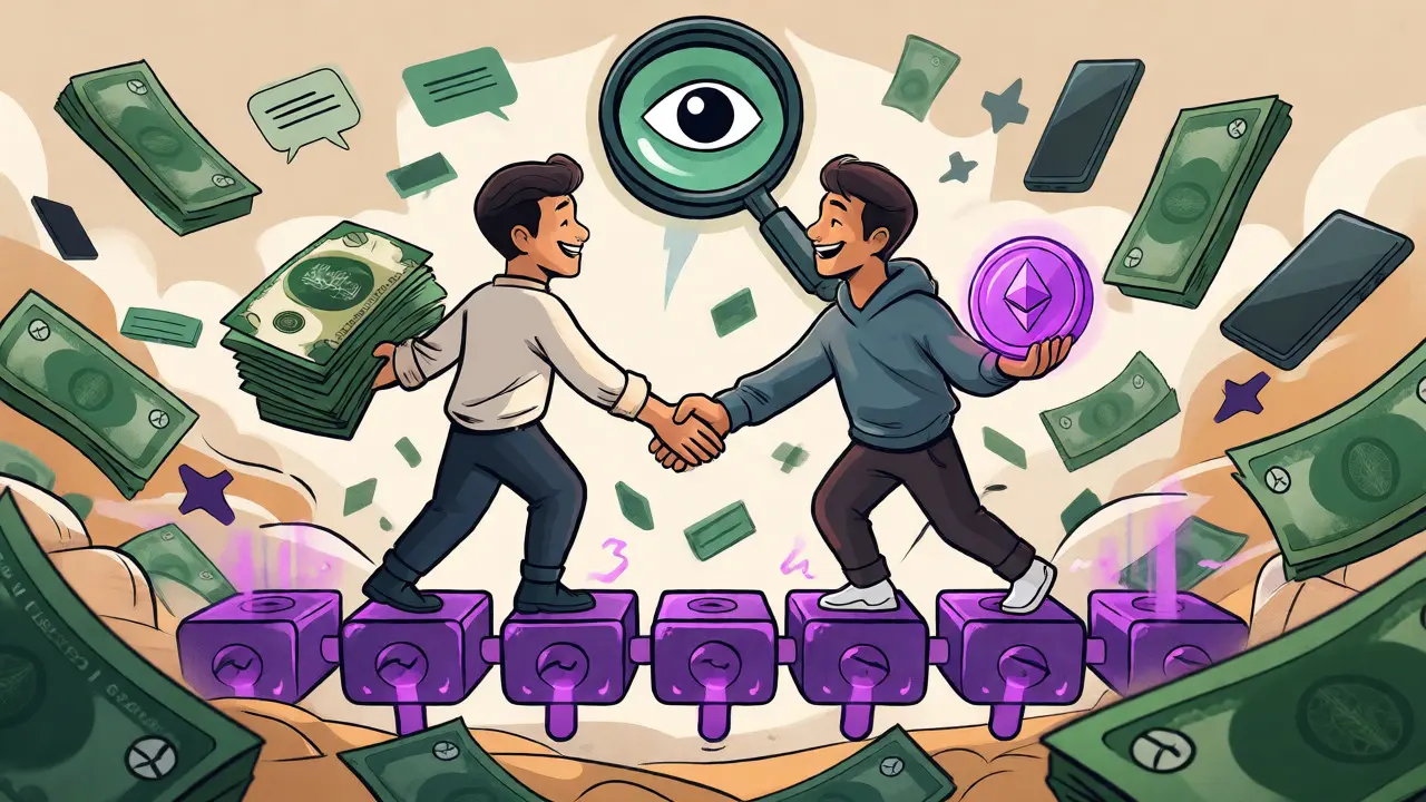 Two people exchanging cash for crypto across a digital bridge with a monitoring eye above.