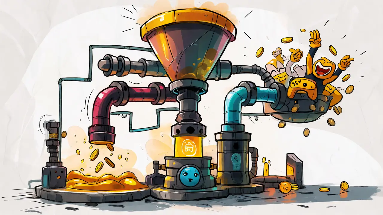 Whimsical machine diagram showing token distribution to liquidity, game, and holders.