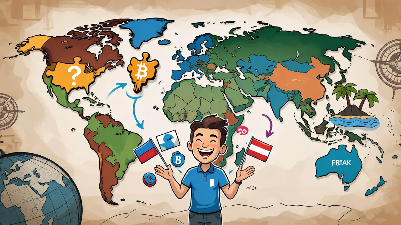 Whimsical world map showing various crypto-friendly jurisdictions connecting to a founder.