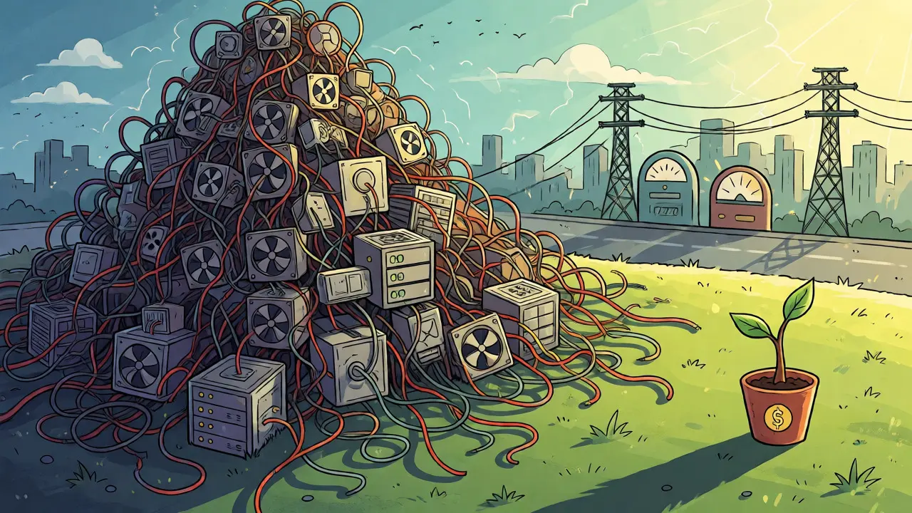 A giant pile of mining hardware overshadowing a small, healthy plant in sunlight.