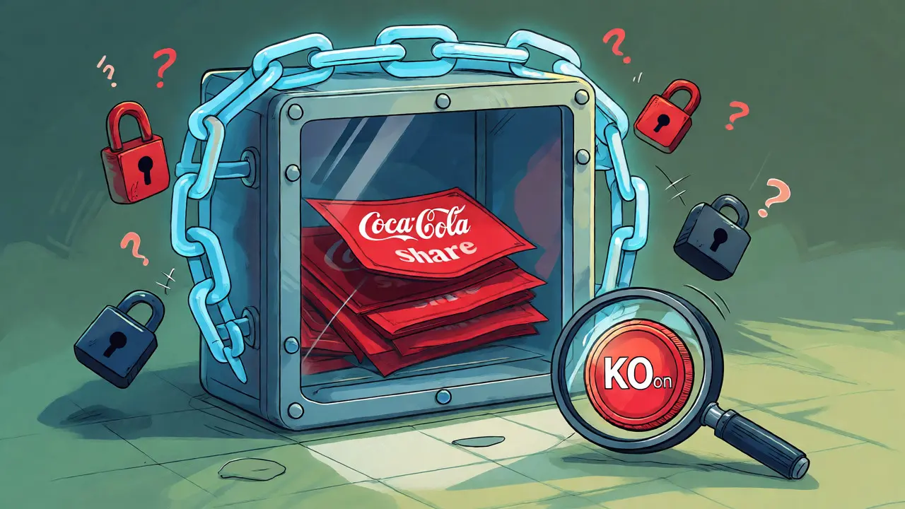 A secure vault holding Coke shares protected by a blockchain shield, inspected by a magnifying glass.