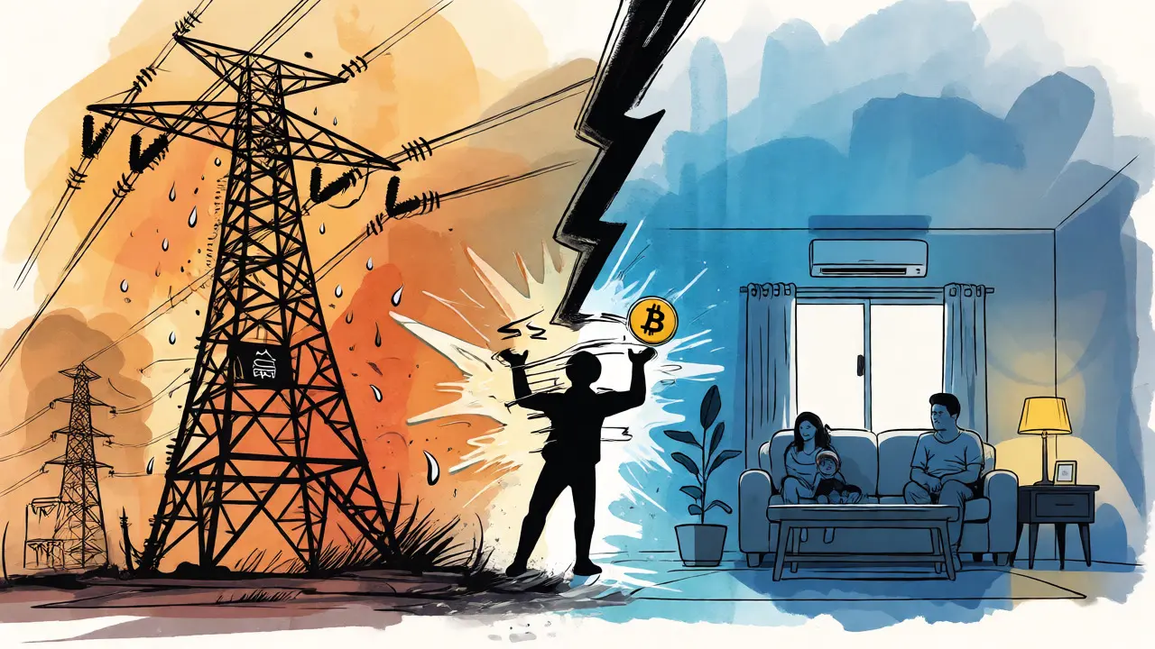 A split image showing a strained power grid versus a comfortable home, illustrating the energy conflict.