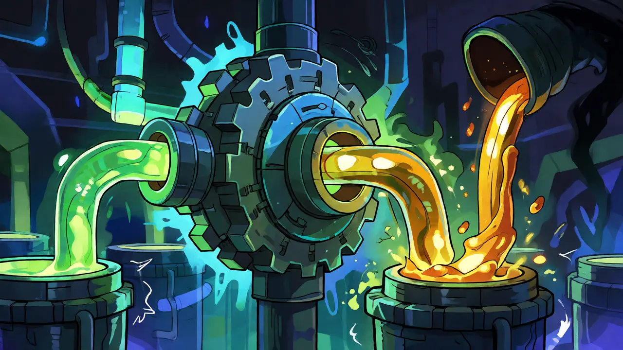 Abstract cartoon showing a reentrancy loop draining a DeFi protocol's resources.