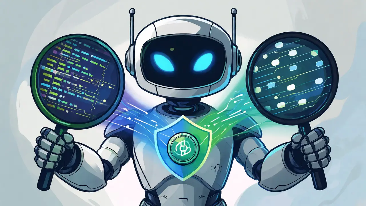 AI robot analyzing code and token flows to detect scams