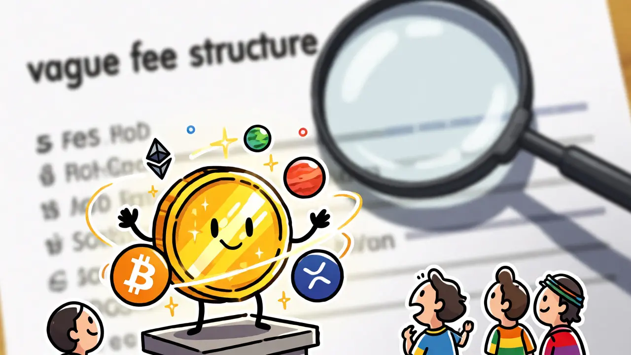 BTMT token character surrounded by cryptos under a magnifying glass
