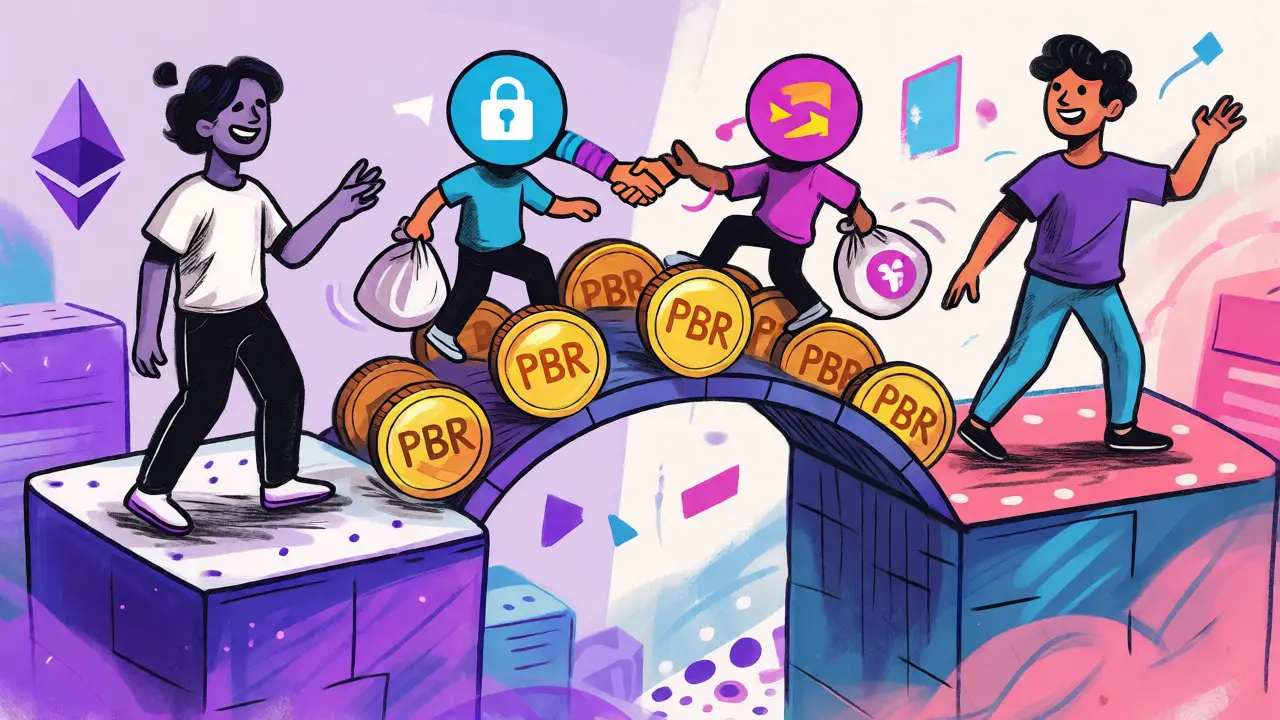 Cartoon characters crossing a token bridge between blockchains