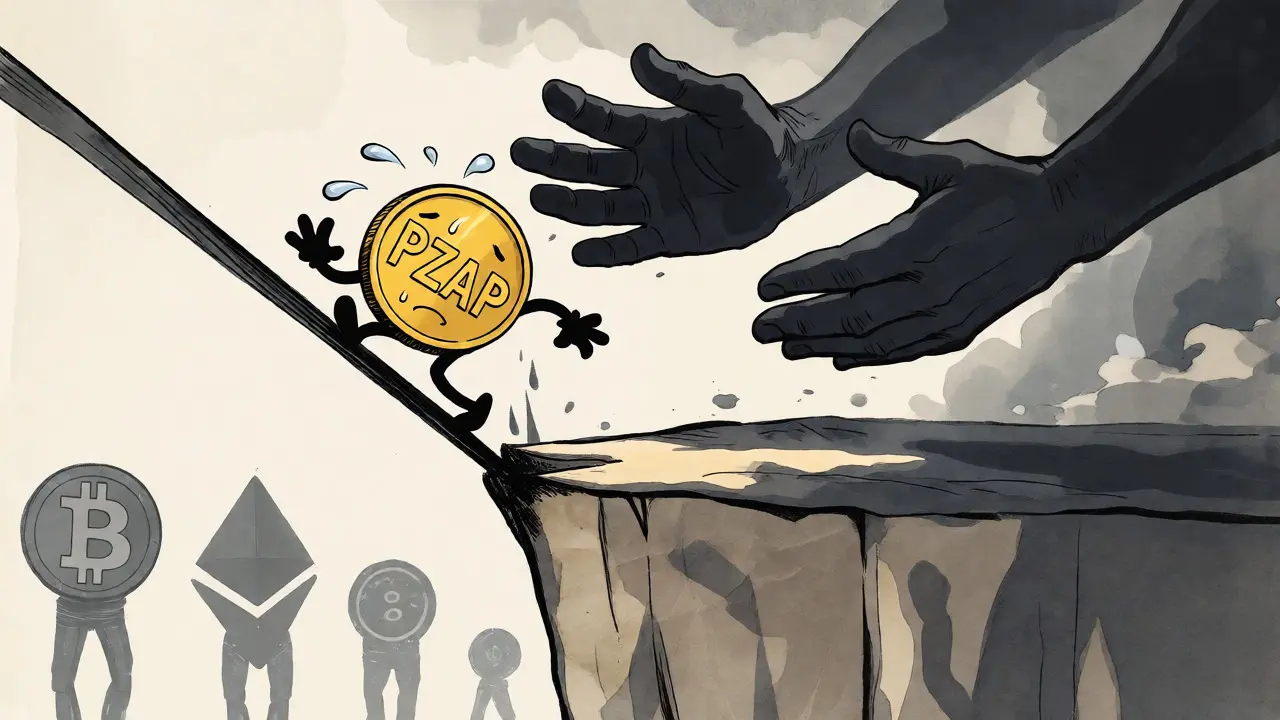 Cartoon coin falling off a cliff edge representing the predicted price drop to zero.