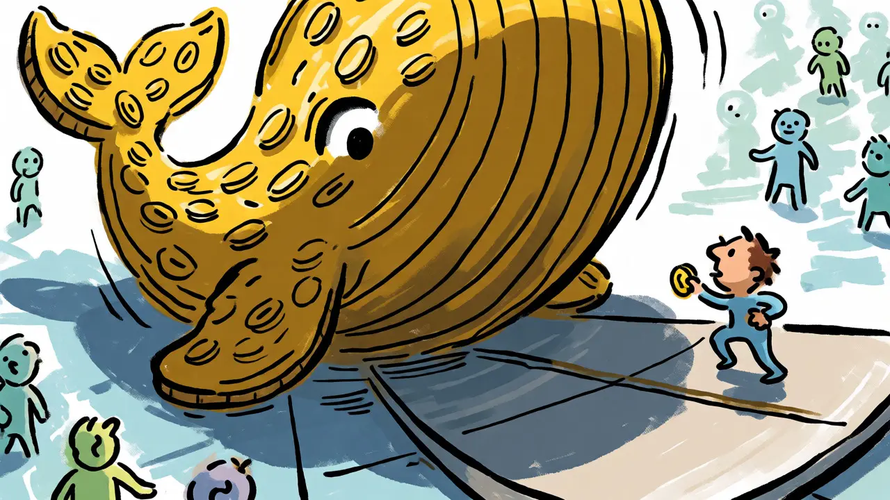 Cartoon depicting whale dominance in crypto voting with a large coin-whale overshadowing small holders.