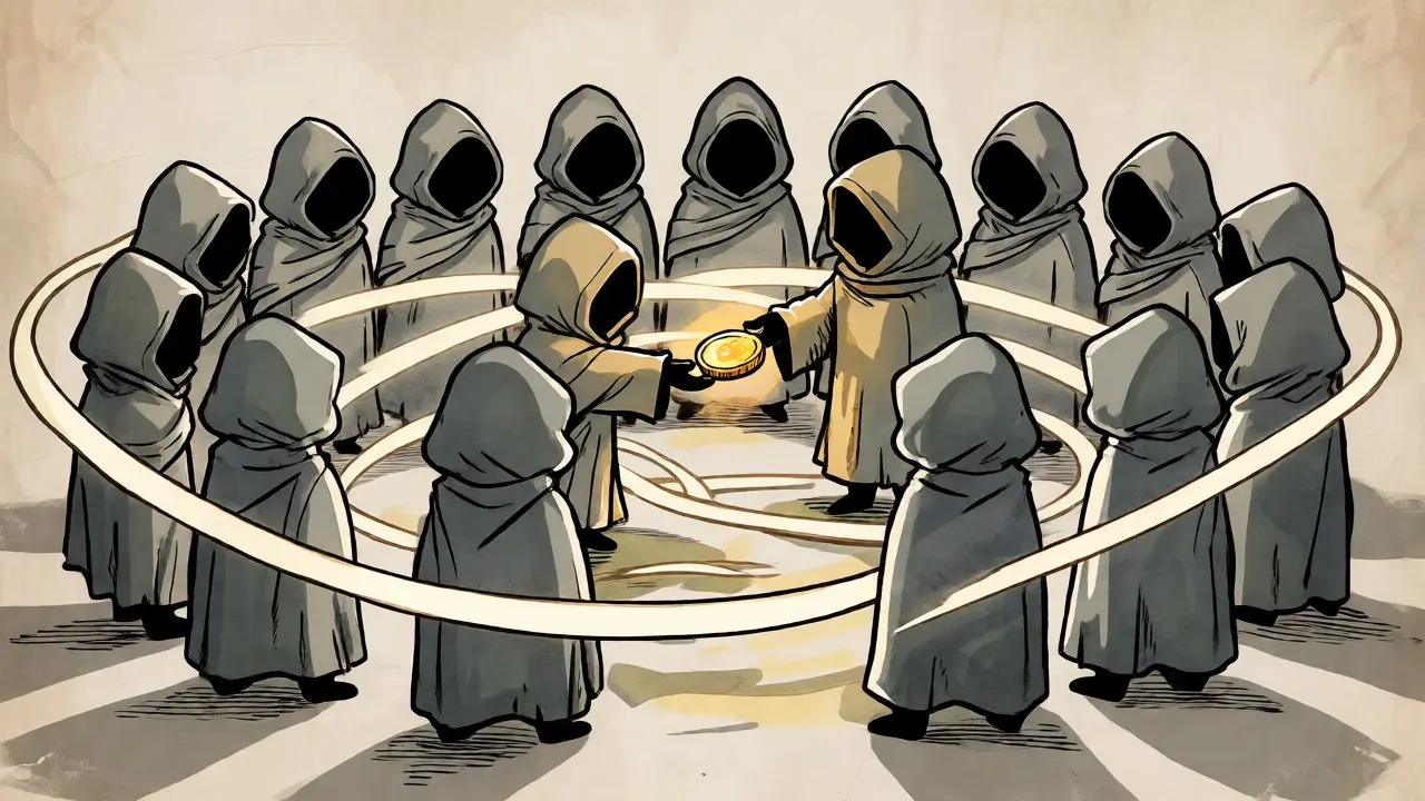 Cartoon depiction of ring signatures hiding sender identity among a group of users.