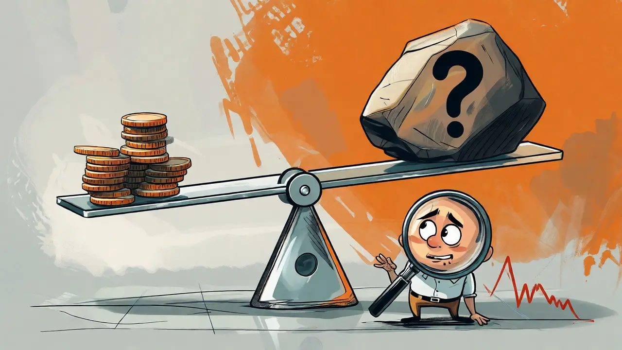 Cartoon investor examining a broken balance scale weighing small coins against a heavy risk rock.