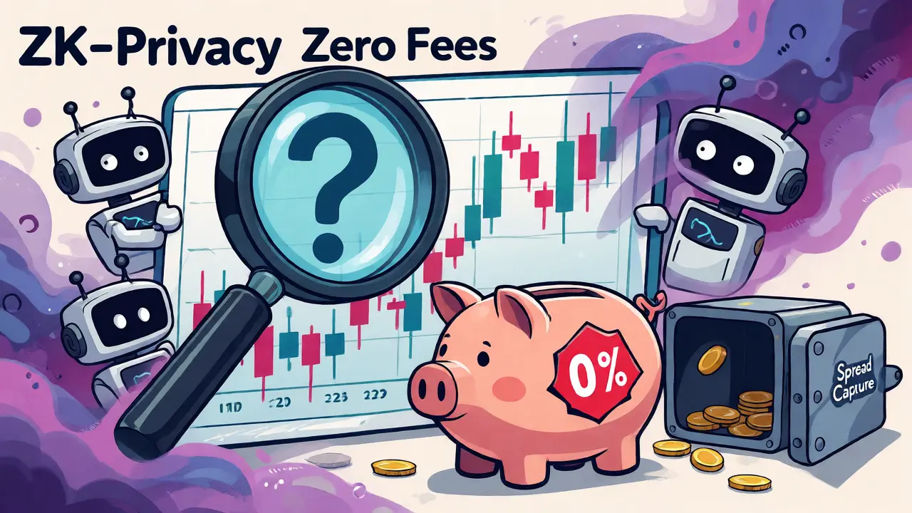Cartoon showing ZK privacy masking trading data and zero fees saving money.