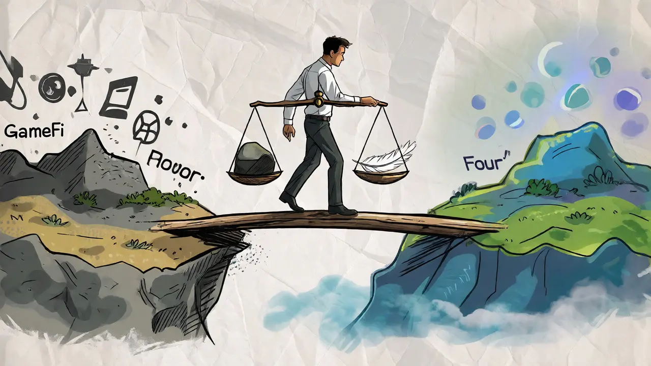 Character crossing bridge from old GameFi island to new Four ecosystem