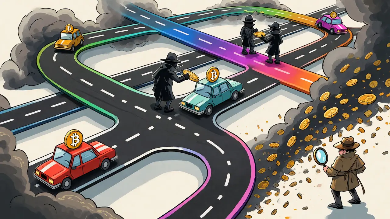 Complex blockchain paths with cars carrying Bitcoin symbols