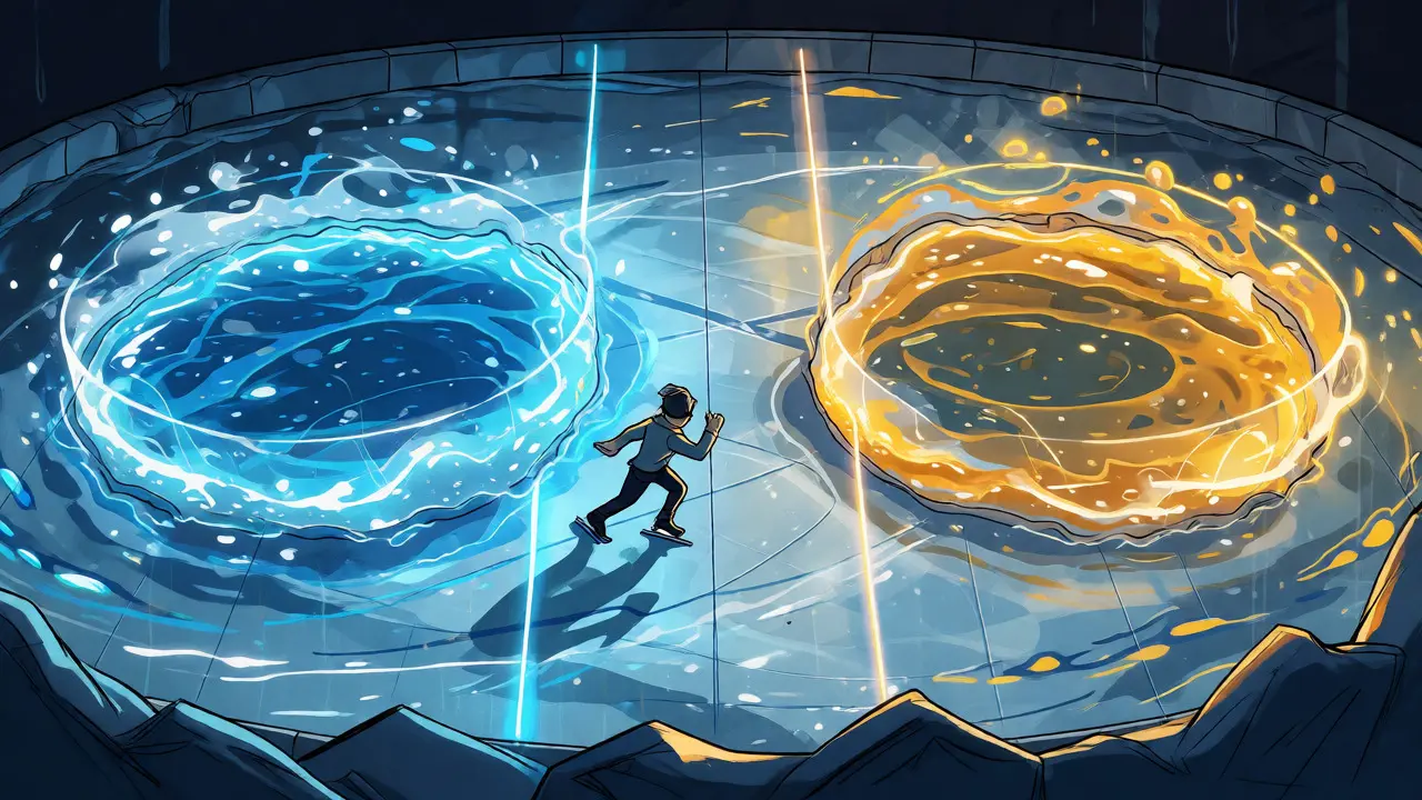 Concentrated liquidity visualized as an ice rink with traders skating through efficient price ranges.