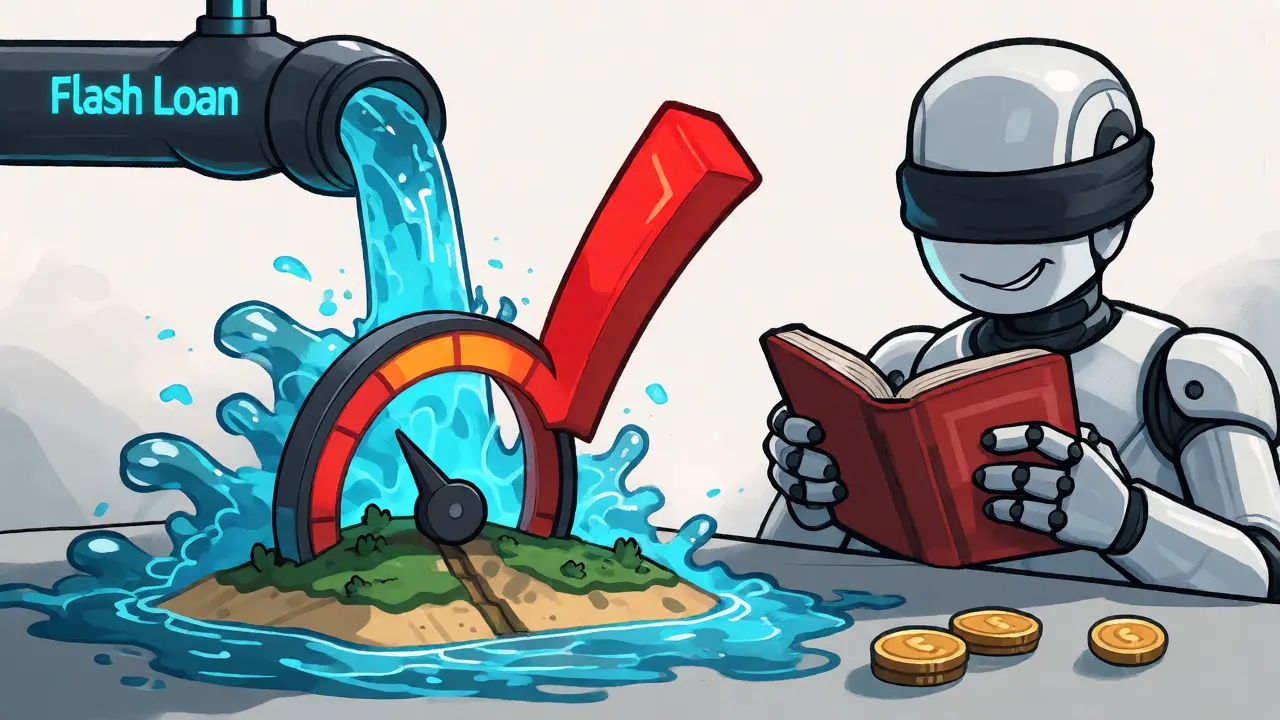 Conceptual art of flash loans manipulating a price oracle to trick a lending protocol.