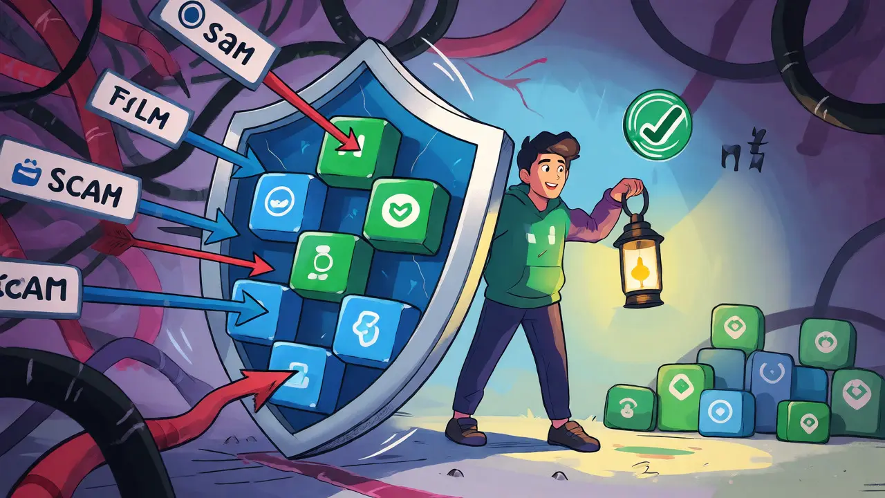Crypto user protected by a blockchain shield deflecting scam arrows.