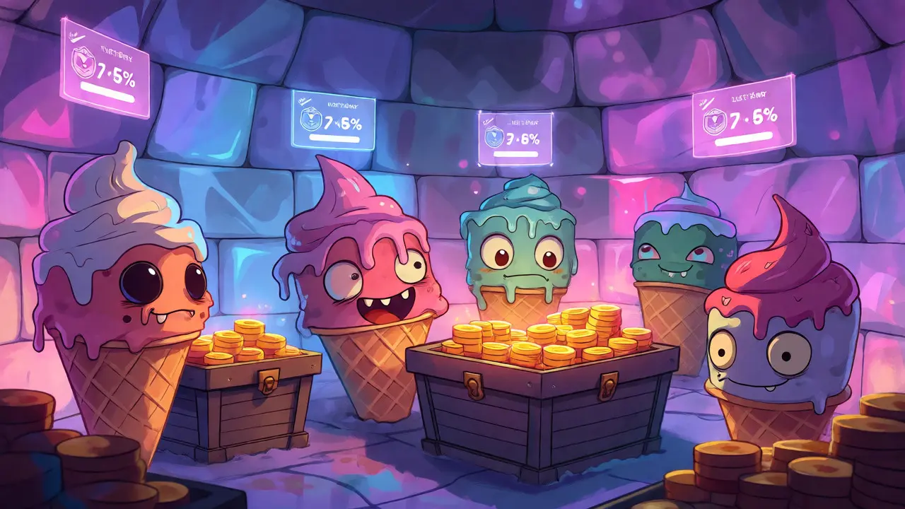 Cute Ice Cream Zombie characters stacking coins inside a glowing, stylized igloo staking hub.
