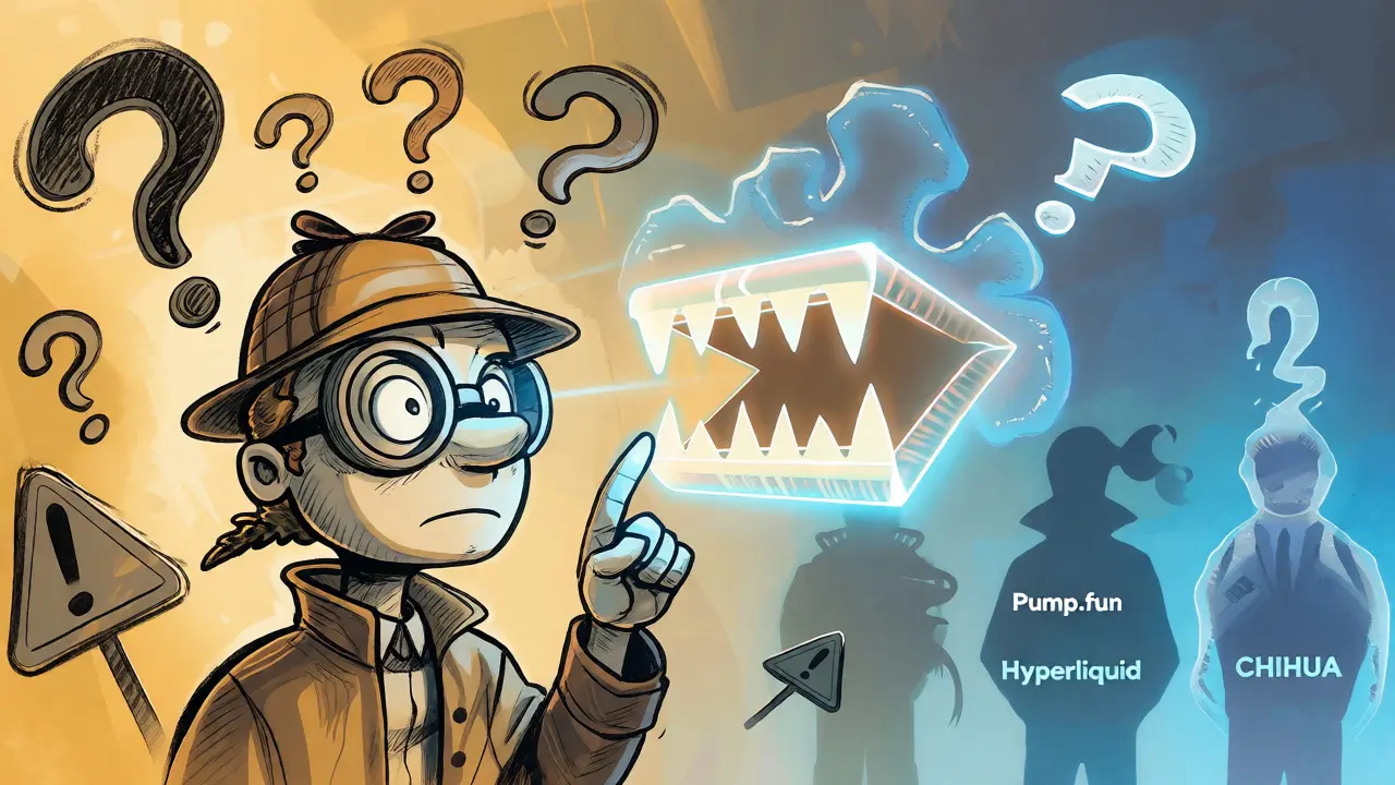 Detective inspecting risky wallet connection prompts for meme coins