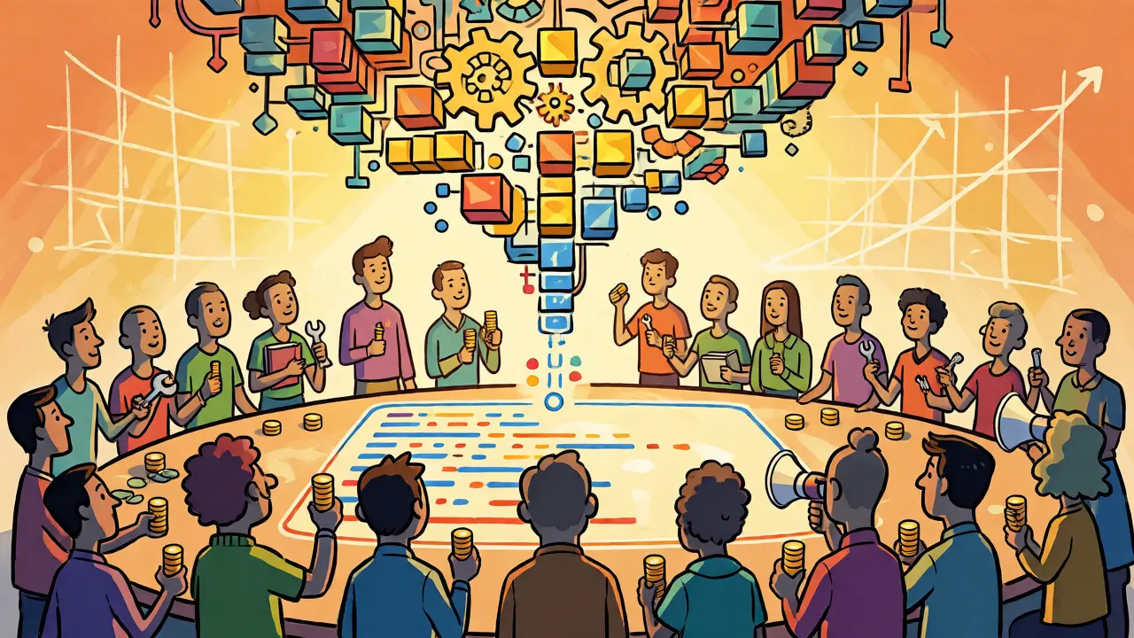 Diverse community members collaborating around a futuristic governance model mixing tokens and reputation.