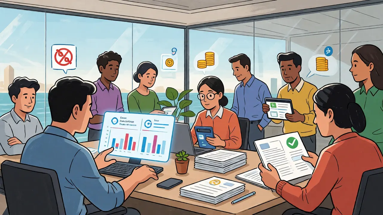 Diverse team working in a Dubai office with holographic crypto data