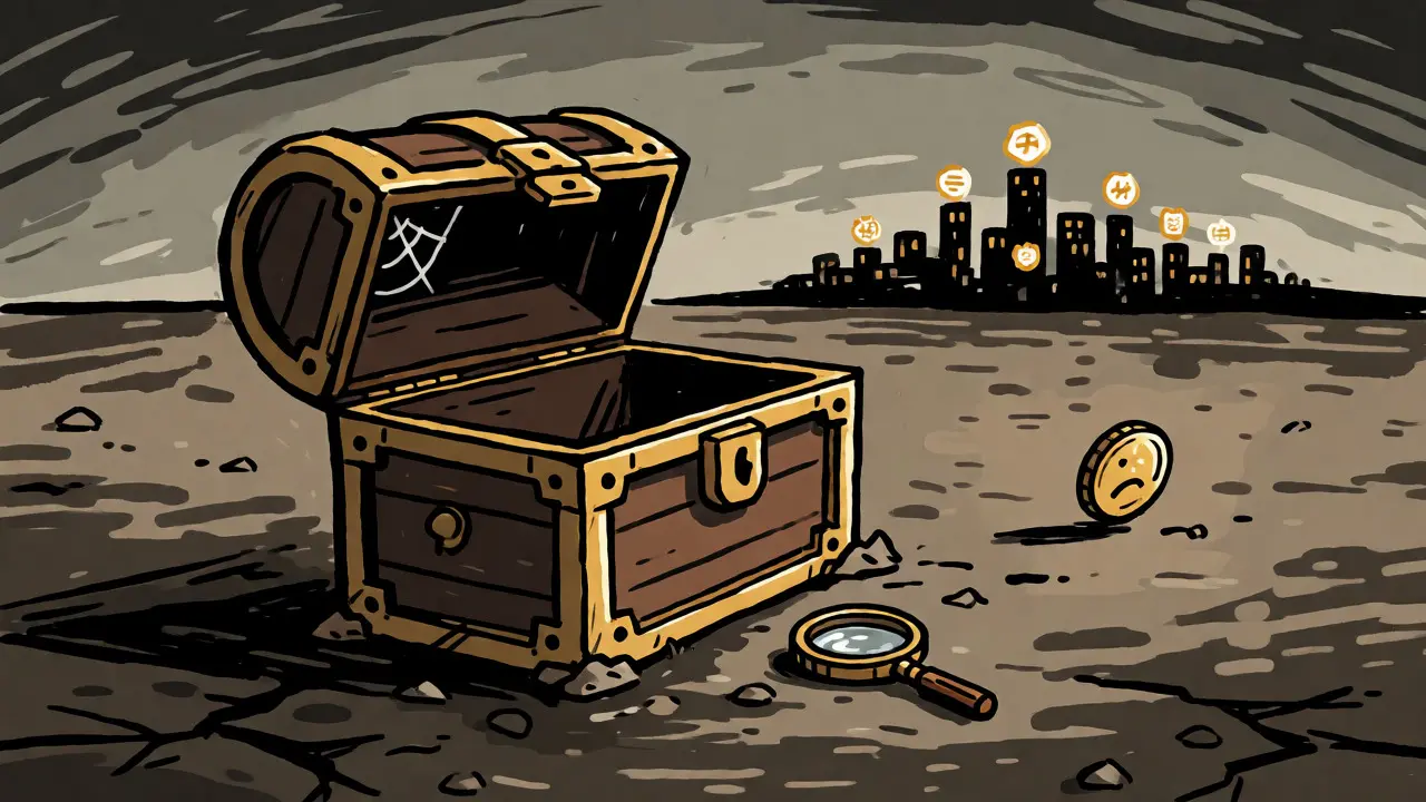Empty treasure chest on barren ground with distant city