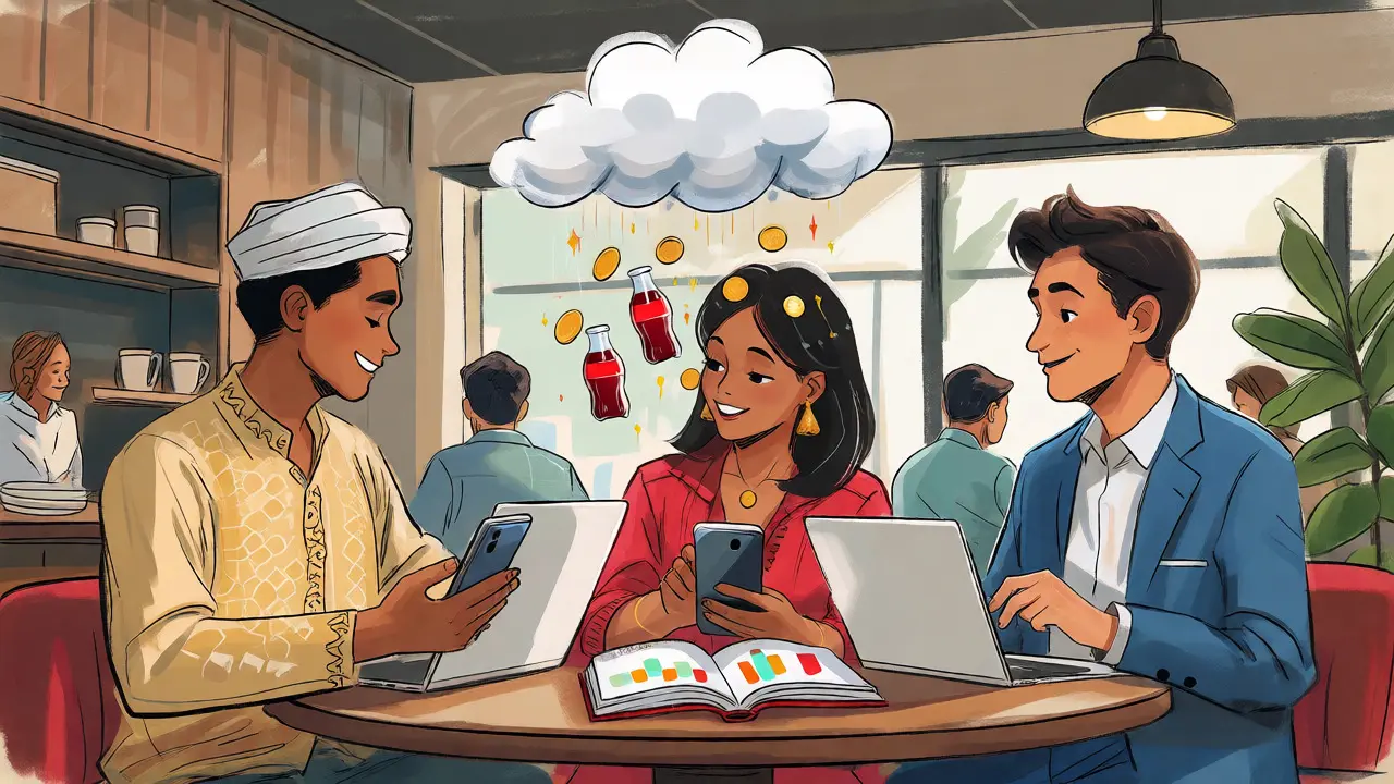 Global investors in a cafe easily buying tokenized stock via phones, illustrated in a hand-drawn style.