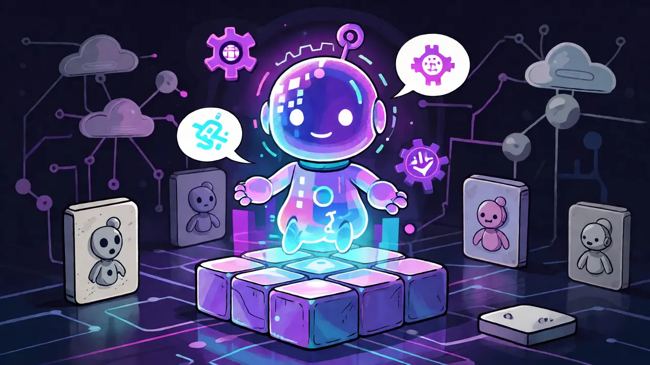Glowing intelligent NFT avatar evolving and interacting with a user on a blockchain base.