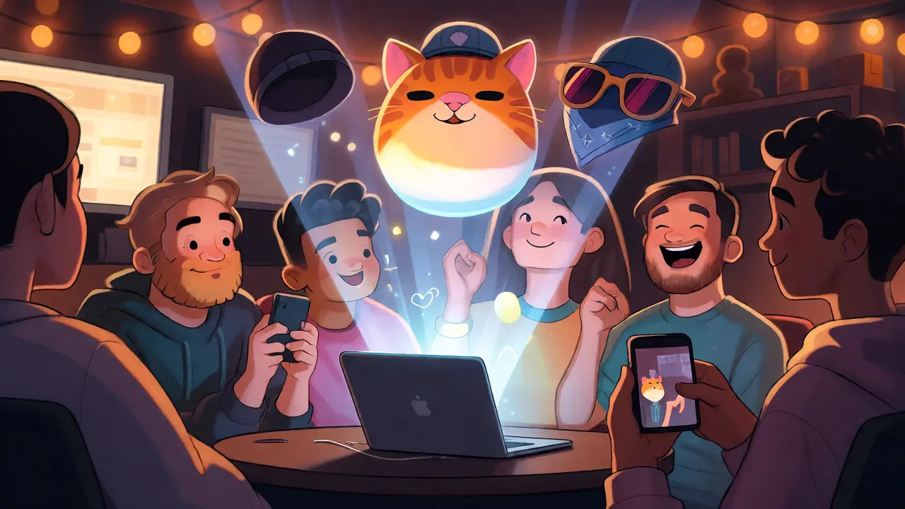 Group of people viewing a projected customizable cat avatar from a laptop