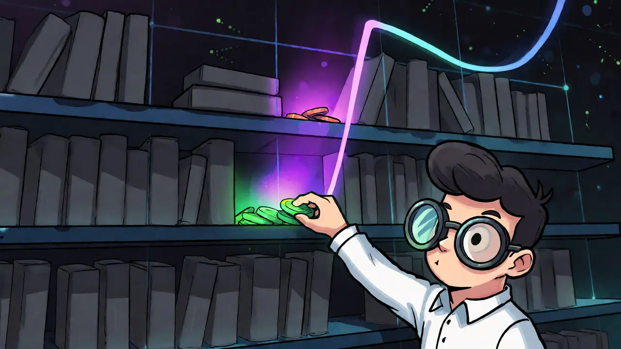 Illustration of crypto tokens organized into specific price bins on a digital shelf