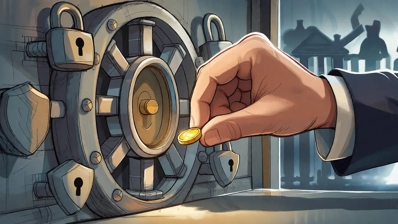 Investor cautiously depositing a small coin into a complex, guarded vault