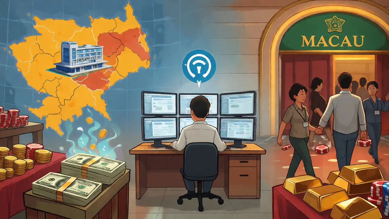 Map showing Cambodia and Macau hubs converting crypto to cash