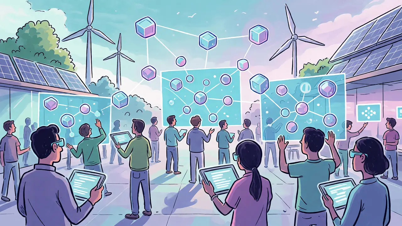 People using sleek devices connected to glowing, eco-friendly blockchain nodes.