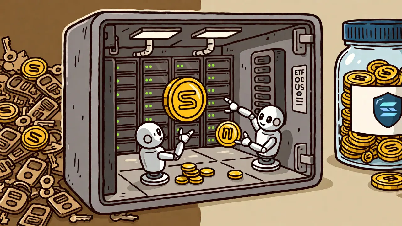 Robots staking Solana tokens inside a secure financial vault