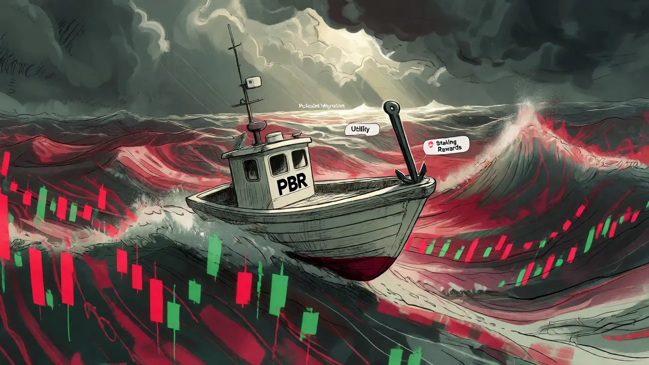 Small boat navigating volatile crypto markets towards Polkadot