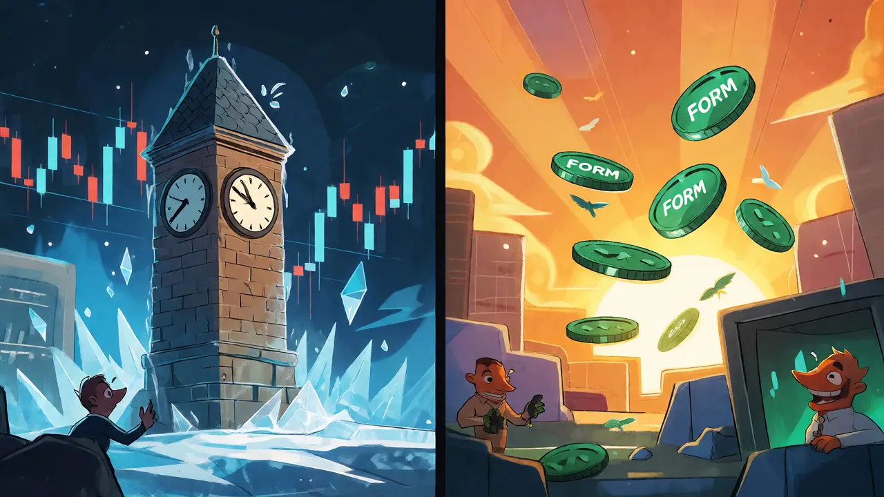 Split scene showing frozen BNX trading and rising FORM tokens on a timeline