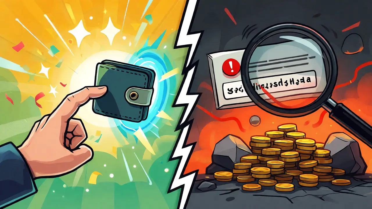 Split scene showing wallet connection vs gas fees and risks.