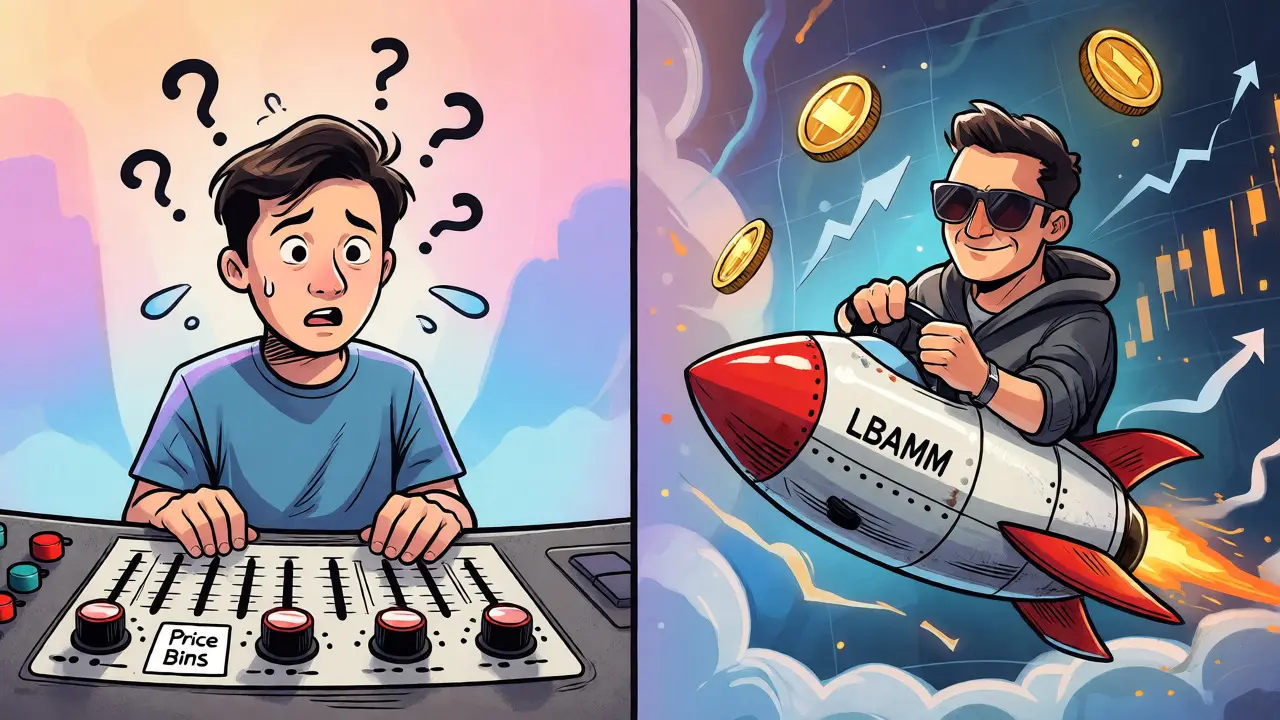 Split-screen cartoon contrasting a confused beginner with an expert trader