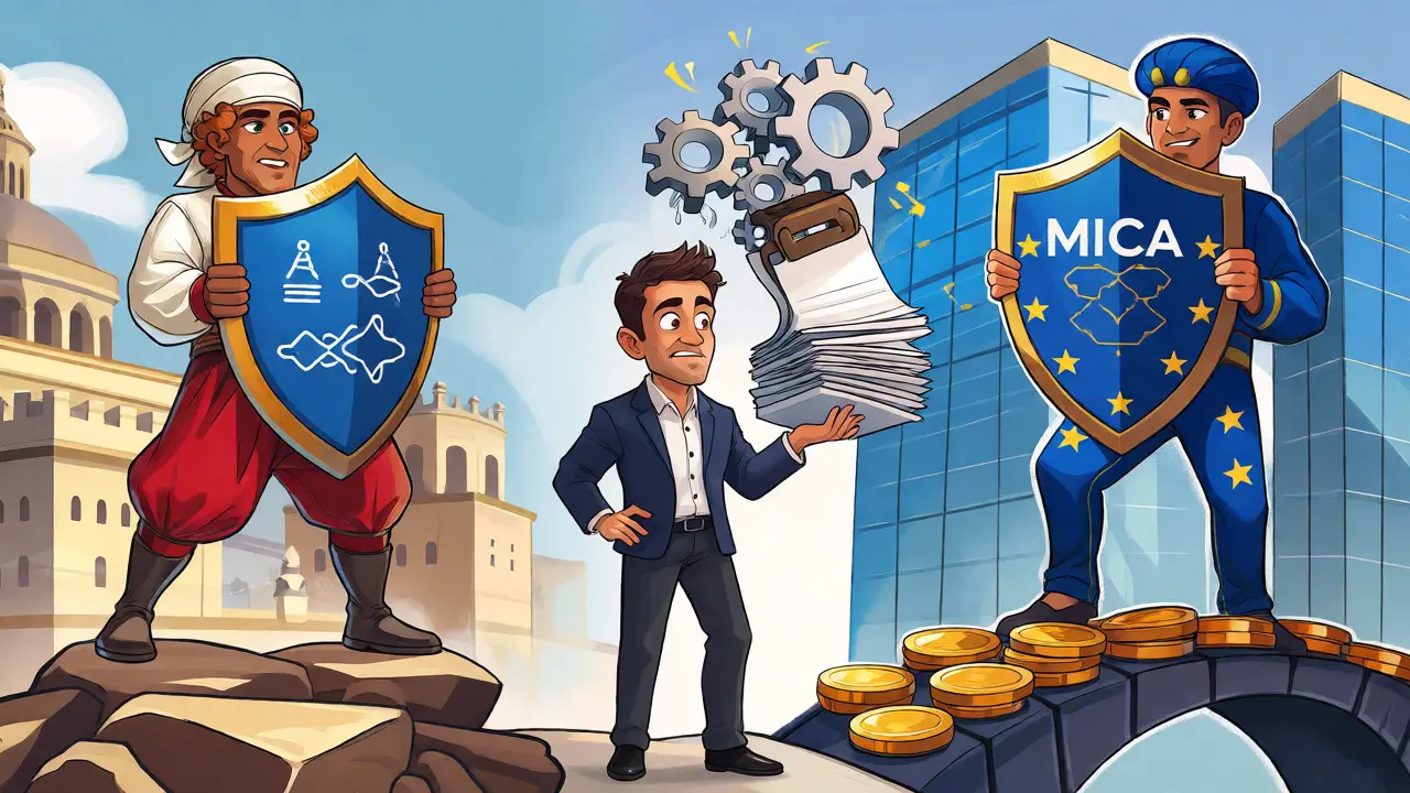 Split-screen cartoon showing dual compliance between Maltese laws and EU MiCA regulations.