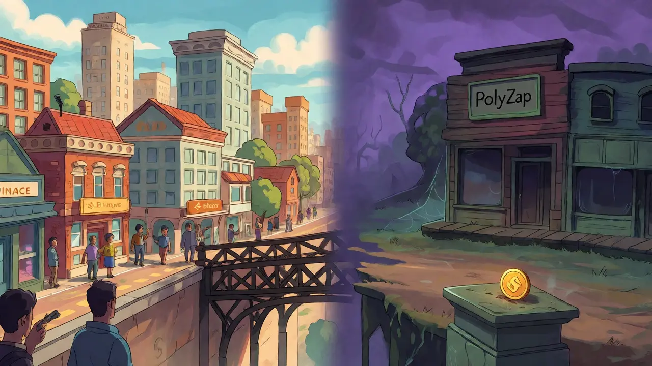 Split view of a busy crypto exchange city versus a desolate PolyZap ghost town.