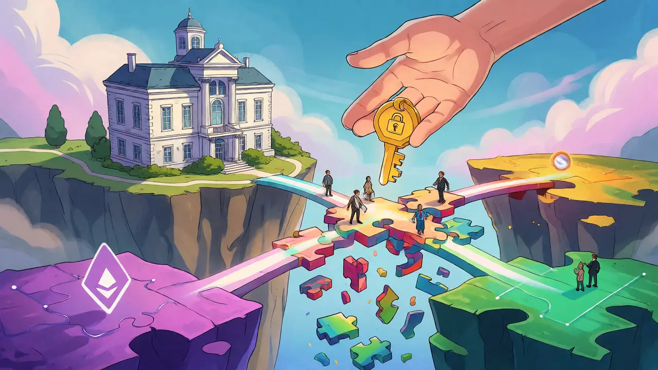 Surreal bridge connecting physical buildings to fractional digital shares across blockchains.
