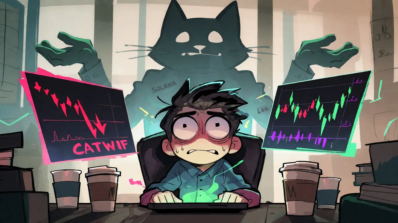 Trader watching volatile crypto charts with a giant cat silhouette looming behind