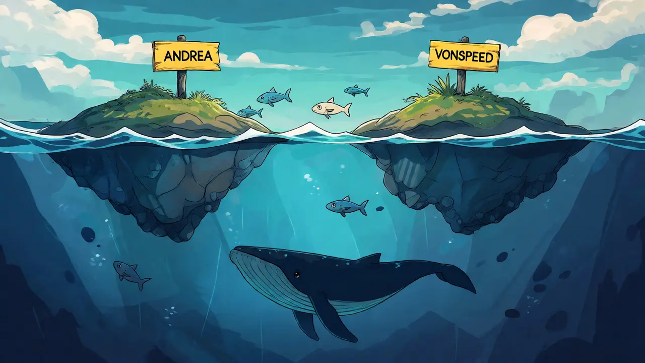 Two isolated islands labeled ANDREA and VONSPEED separated by a digital ocean with a lurking whale.