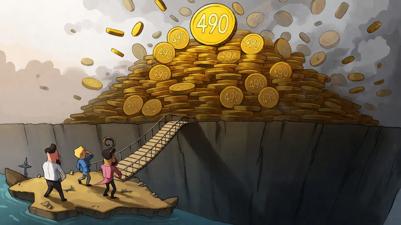 Visual metaphor of 490 trillion token supply burning and liquidity risks