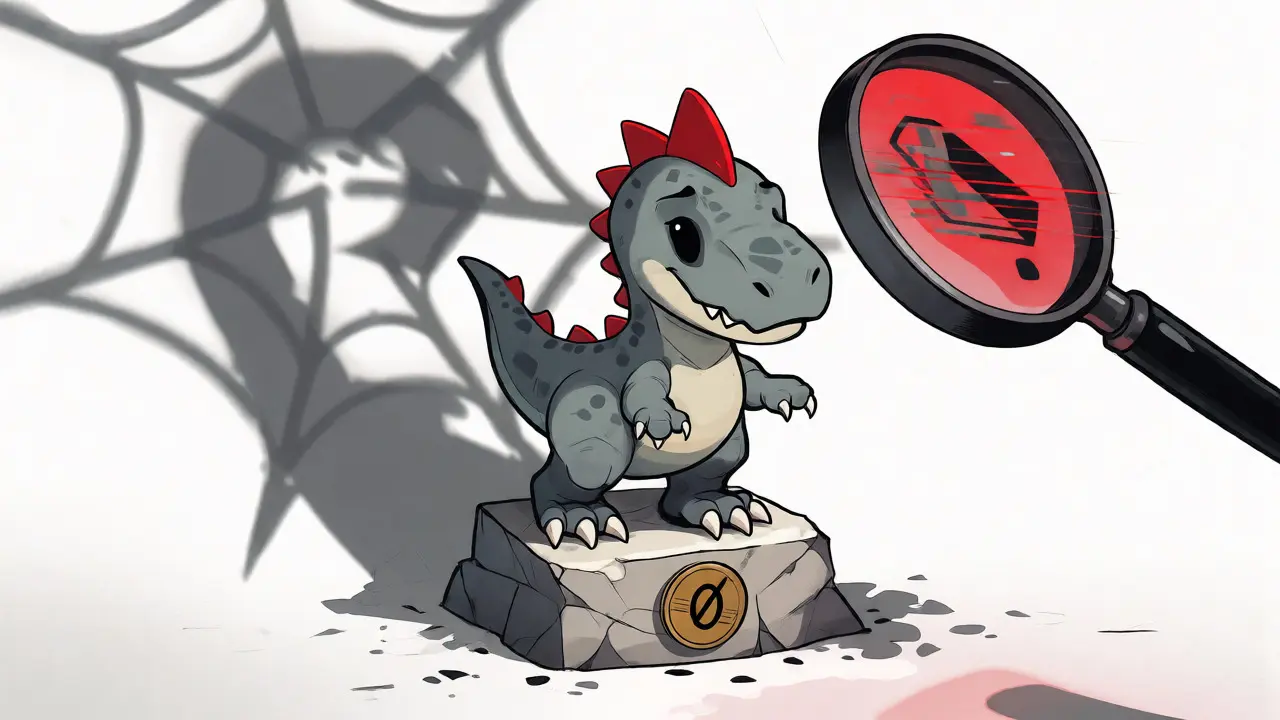Weak cartoon dinosaur mascot on a pedestal with a looming phishing shadow.